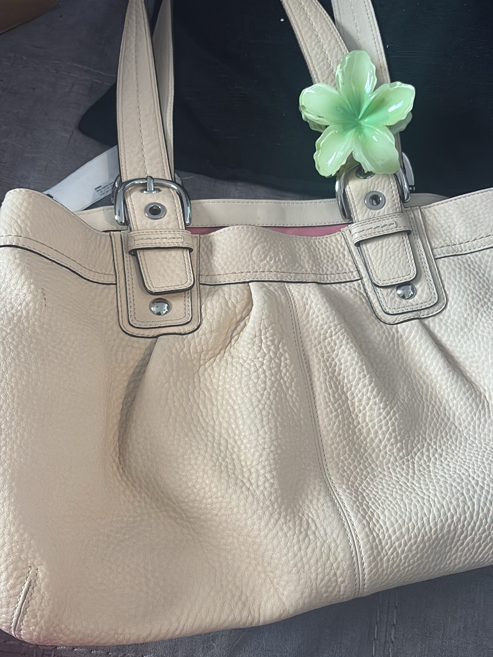 Coach Cream Pebbled Leather Shoulder Bag with Green Floral Charm